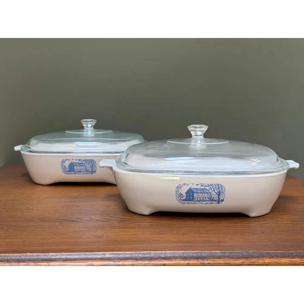 Set of 4 Vintage CorningWare Colonial House 11” Browning Skillets W/ Pyrex Lids